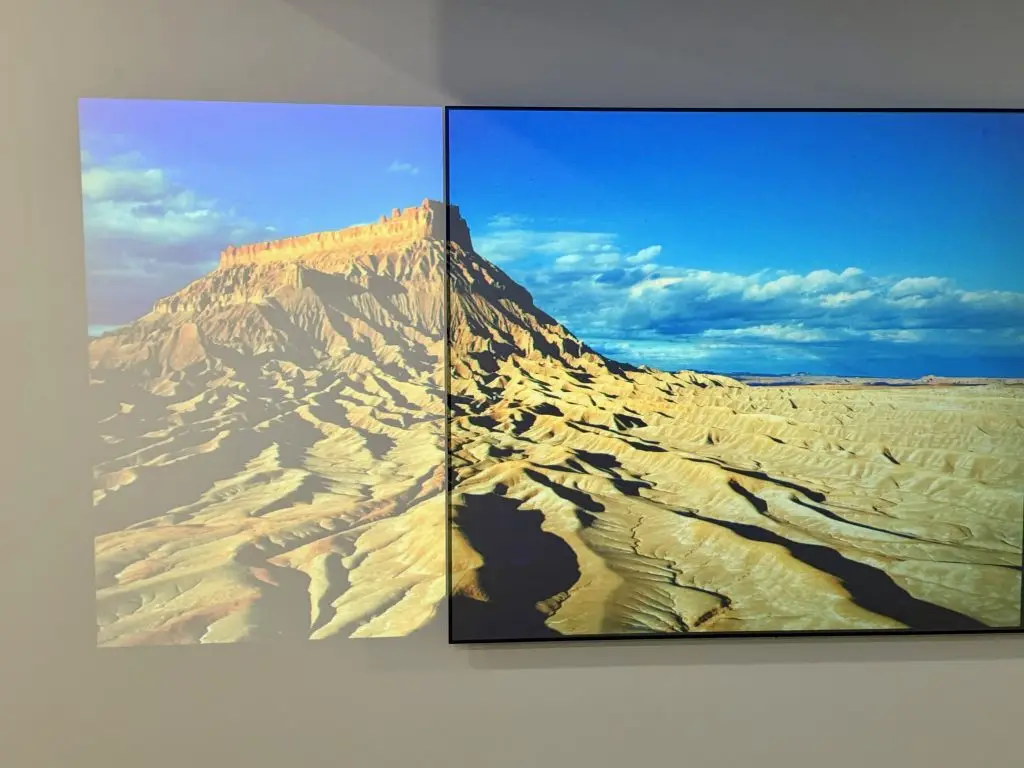 Do I Really Need a Projector Screen? 1 Side-by-side comparison of a projector image on a white wall versus a high-quality projector screen, showing the difference in brightness, contrast, and color accuracy