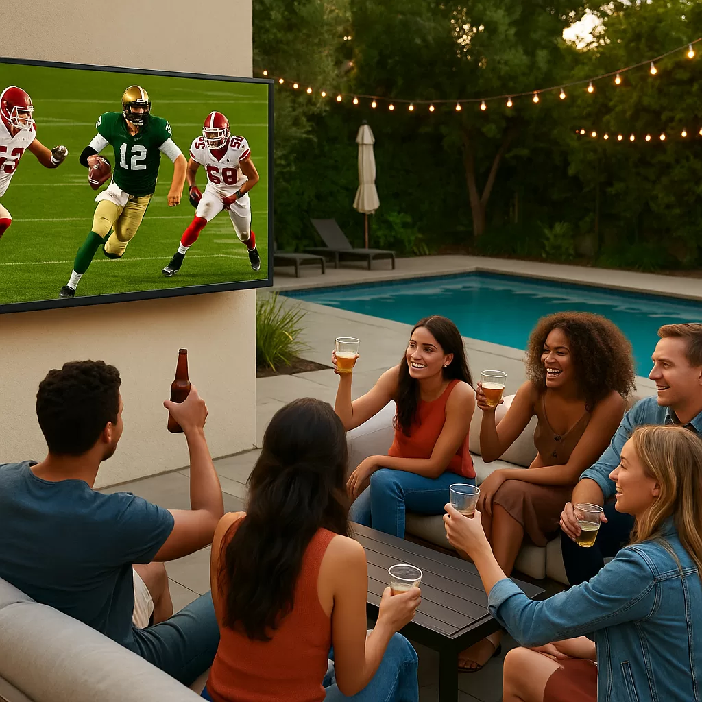 Friends watching a football game on a weatherproof outdoor TV by the pool during a backyard party