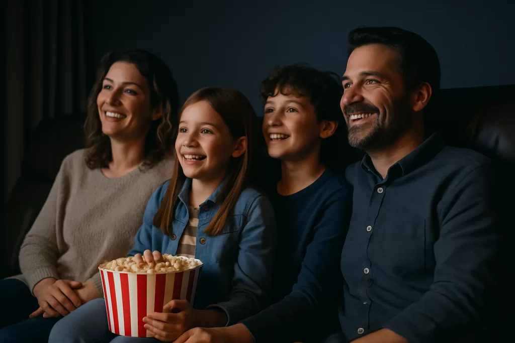 A Kansas City family enjoying a movie in their professionally designed home theater, seated in plush recliners.