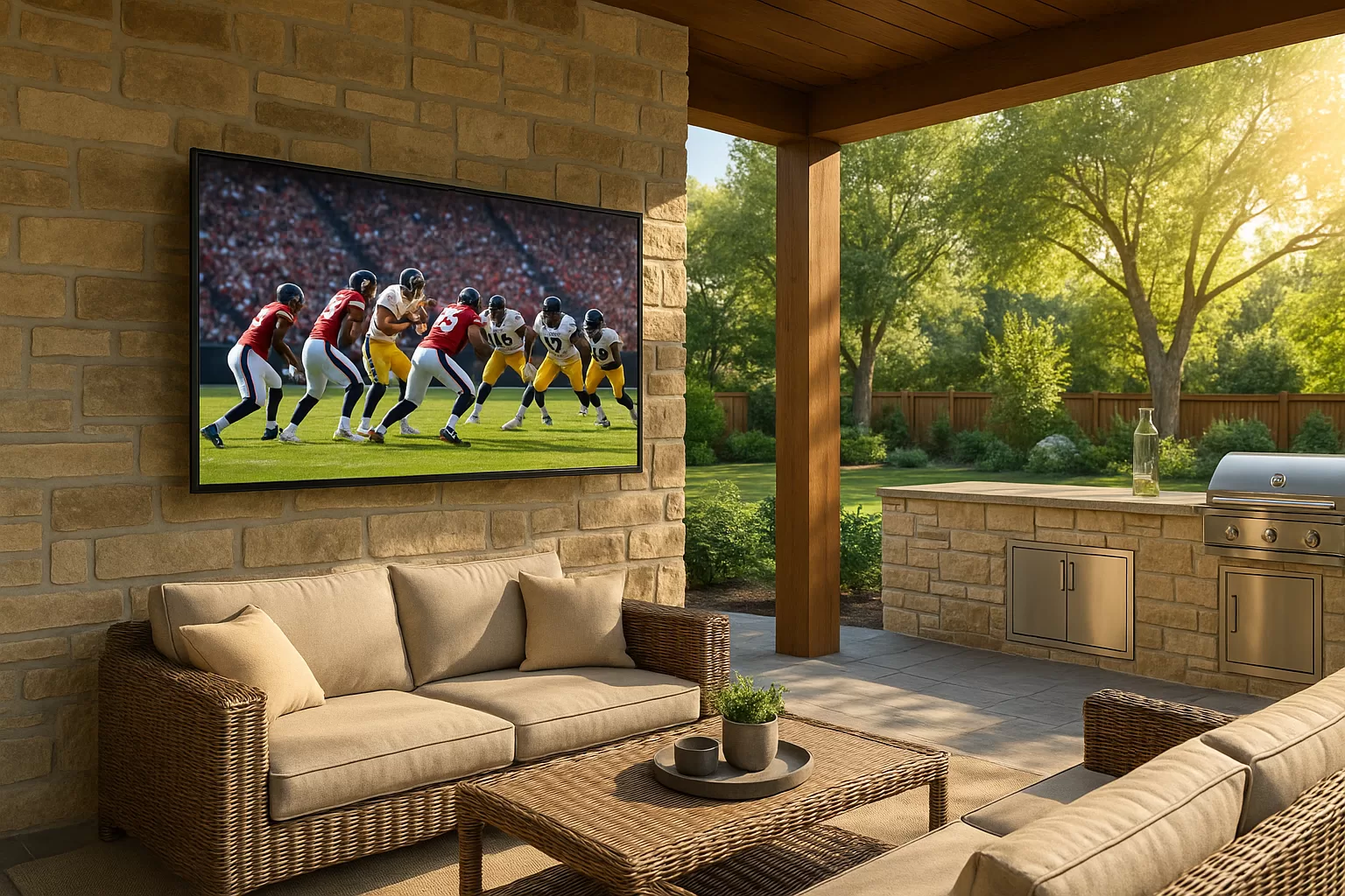 Blog 4 a football game on a large outdoor-rated TV by the pool